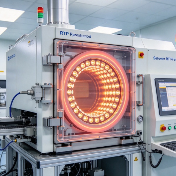 Semiconductor RTP furnace with glowing ring heating lamps inside cleanroom for wafer manufacturing