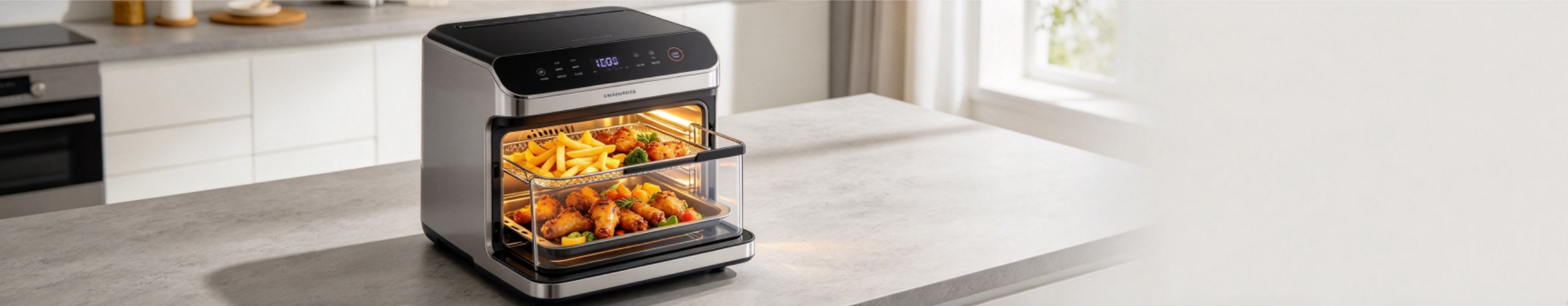 European air fryer working with built-in internal bulb lit, food cooking inside airfryer