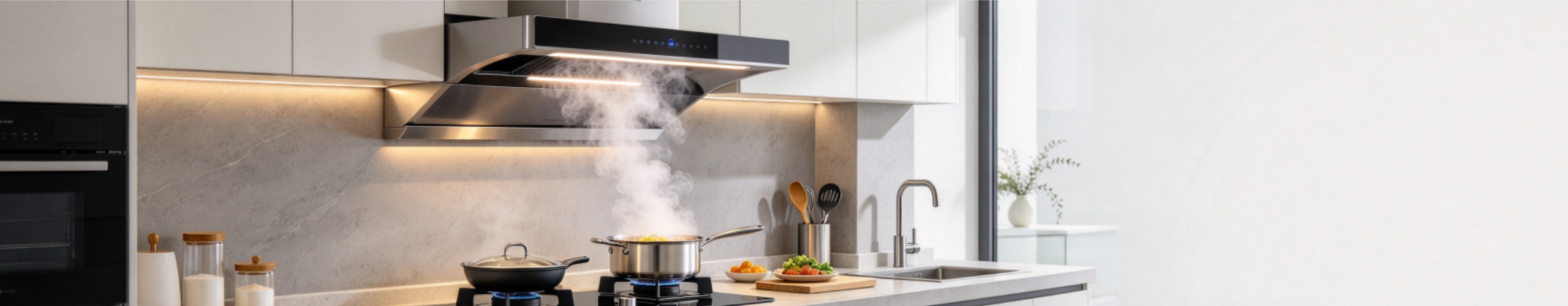 European cooker hood in operation with built-in LED lamp illuminated above cooking hob