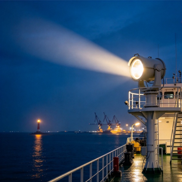 High power waterproof marine searchlight mounted on vessel deck, bright beam in rainy night sea, industrial marine lamp for ship navigation