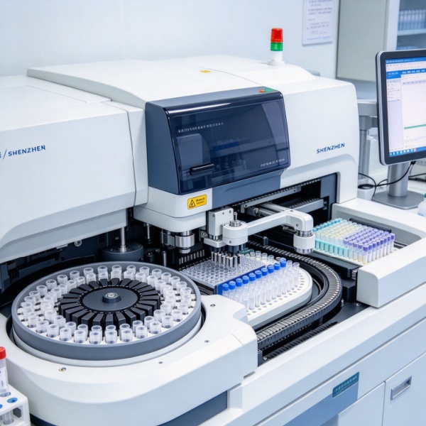 Automatic biochemistry analyzer in clean medical laboratory, sample tubes and automated testing system