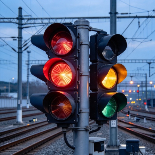 Illuminated railway halogen signal lamp with red and amber lights beside railroad tracks
