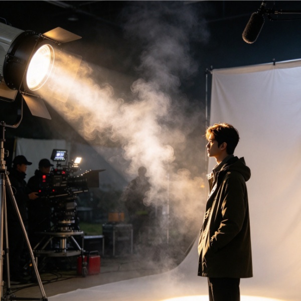Large fresnel studio lamp on tripod casting warm beam for outdoor movie shooting set